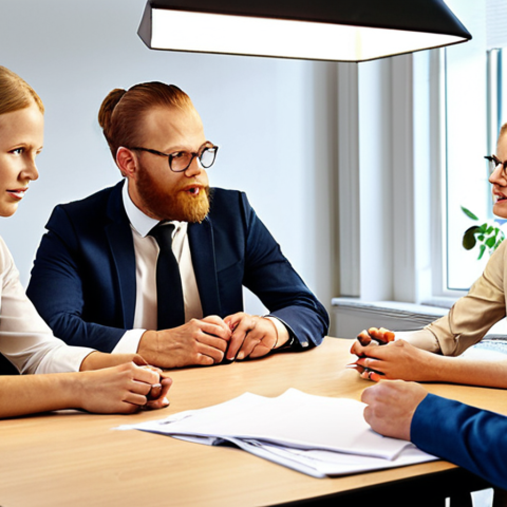 **A modern Swedish office scene. A diverse group of employees gather around a table, engaged in a lively discussion about Swedish labor law. Emphasize collaboration, professional attire, and the natural light of a Nordic workplace. Focus on the expressions of teamwork and problem-solving.**
