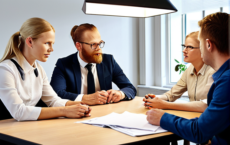 **A modern Swedish office scene. A diverse group of employees gather around a table, engaged in a lively discussion about Swedish labor law. Emphasize collaboration, professional attire, and the natural light of a Nordic workplace. Focus on the expressions of teamwork and problem-solving.**