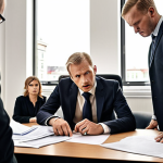 **A tense labor negotiation scene in a Swedish office. Focus on the lawyer meticulously reviewing documents, highlighting "Anställningsavtal" (employment contract) and "Uppsägningsbrev" (termination letter). Include concerned-looking employees in the background.**