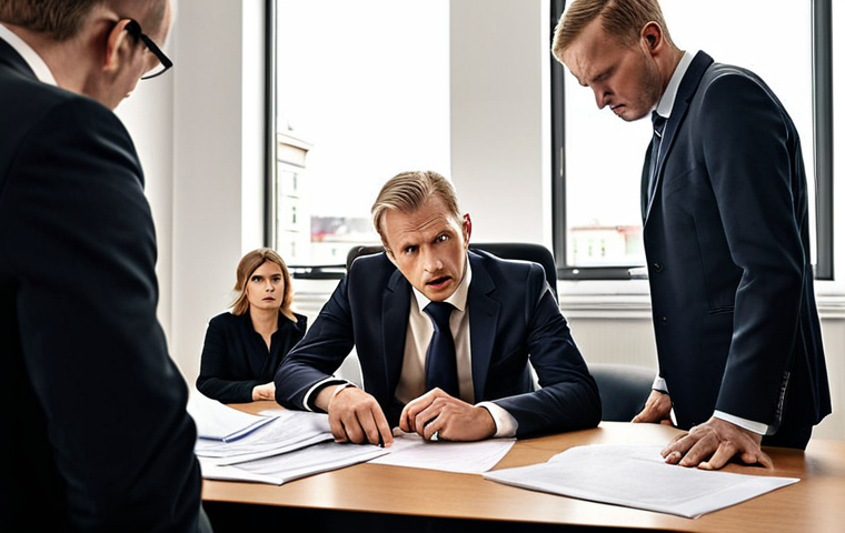 **A tense labor negotiation scene in a Swedish office. Focus on the lawyer meticulously reviewing documents, highlighting "Anställningsavtal" (employment contract) and "Uppsägningsbrev" (termination letter). Include concerned-looking employees in the background.**